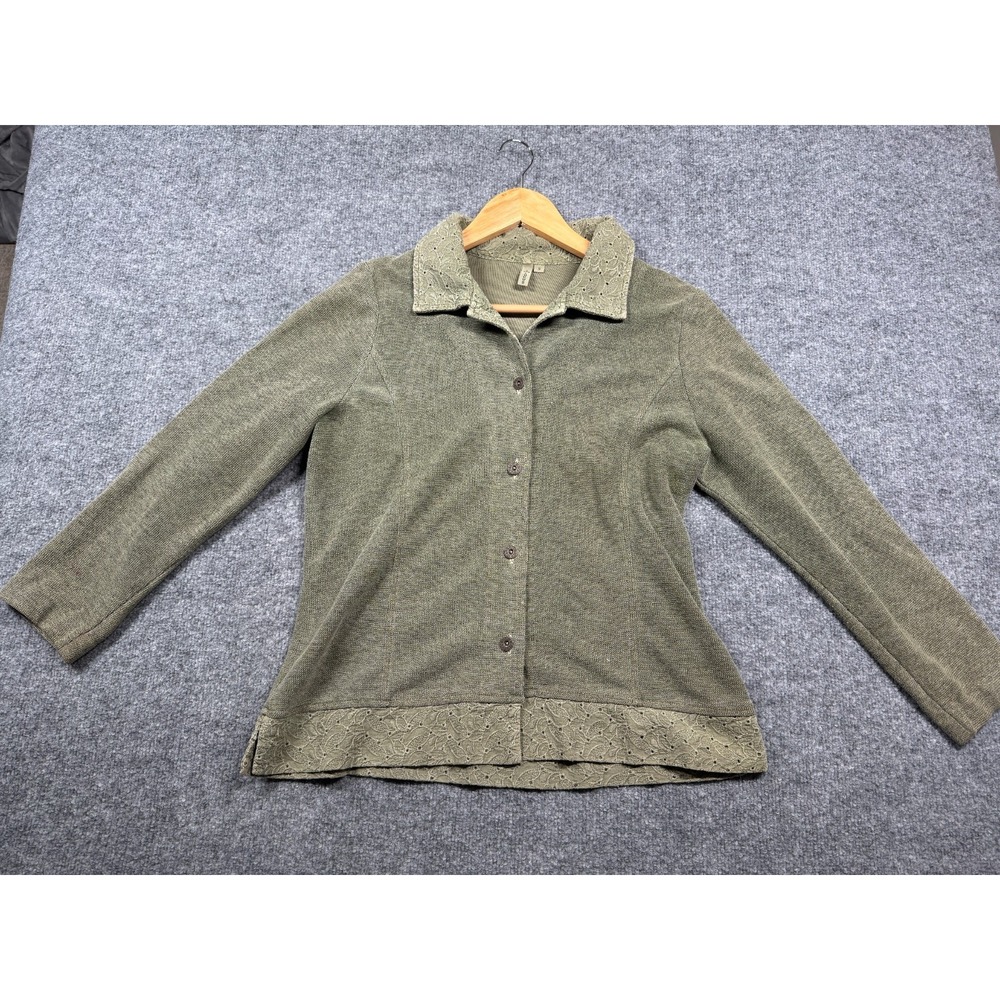 Focus Cardigan Sweater Womens Small Green Crochet Trim Long Sleeve Button Front